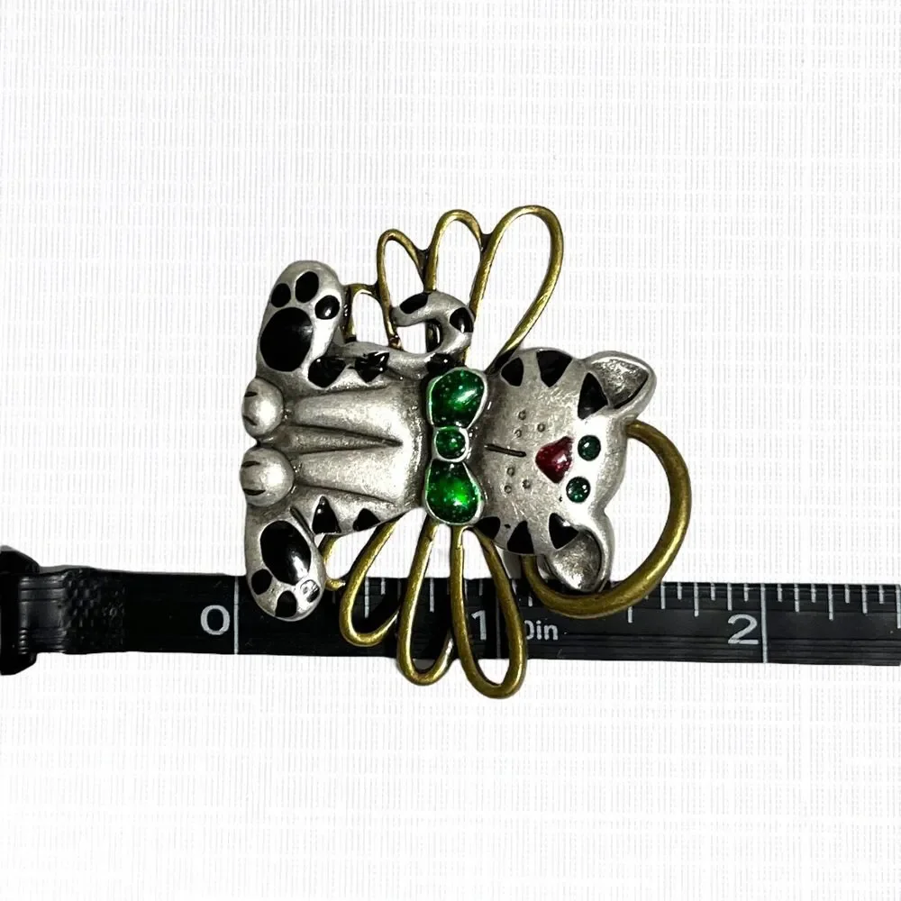 Vtg Kitten Angel Pin Brooch Green Bow Crazy Cat Lady Christmas Tabby Kitschy